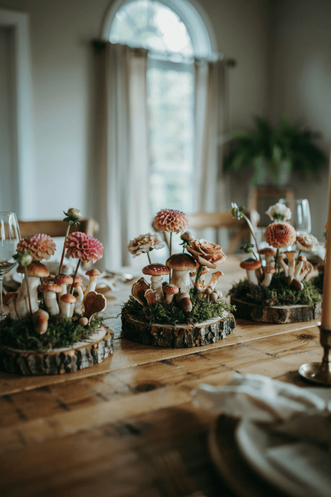  Low, earthy centerpieces built on wood slices with preserved sheet moss, decorative mushrooms, acorns, small faux or dried fungi, and micro dahlias in a natural forest aesthetic