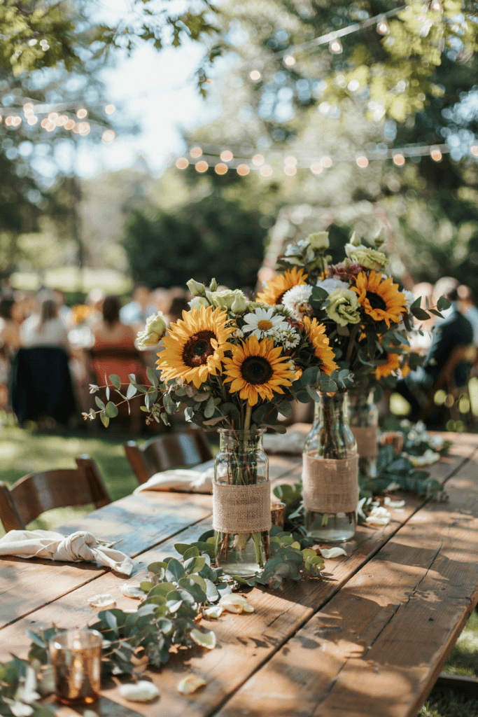 Loose, generously filled arrangements of large sunflowers with sage green lisianthus, white daisies, and dusty sage eucalyptus in clear glass vases wrapped in natural jute at a daytime outdoor fall wedding