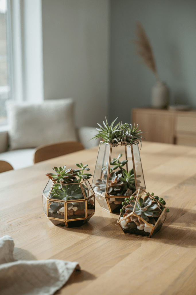  Gold geometric terrarium vessels holding a mix of green and burgundy-tinted succulents, air plants, and small polished stones as modern minimalist fall centerpieces