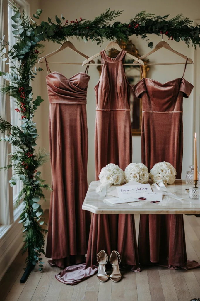 Bridesmaids in wine-colored velvet gowns for a Christmas wedding