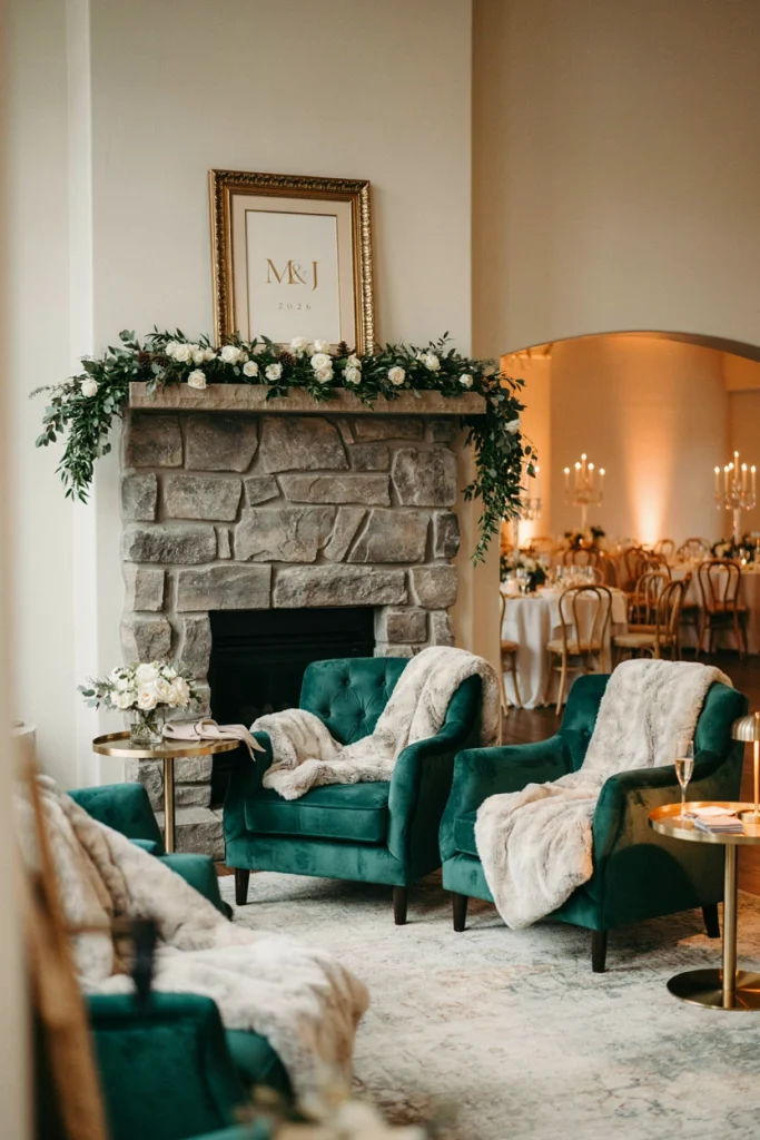 Cozy fireside lounge corner with armchairs and a fur throw