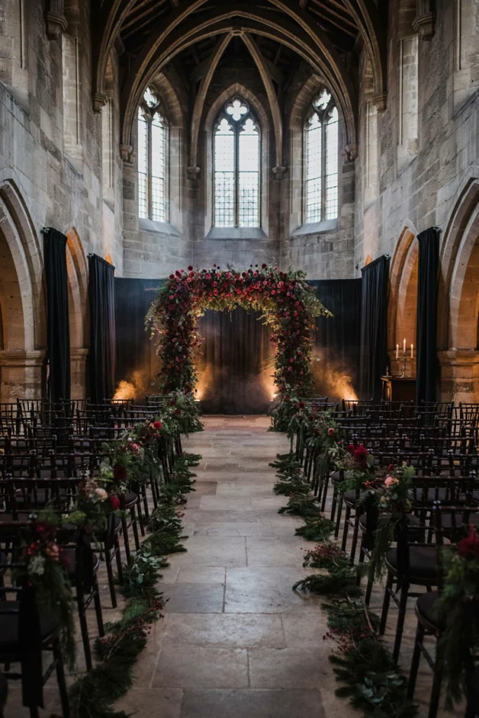 Candlelit gothic evening ceremony with dark red florals