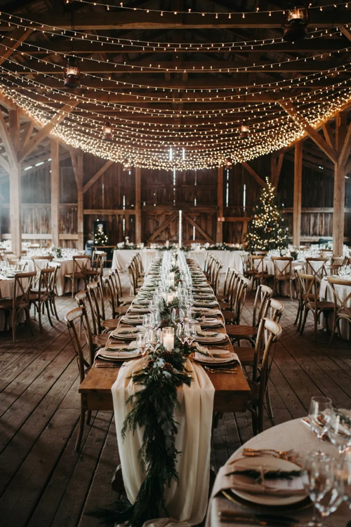 String light canopy over a barn wedding reception ceiling
