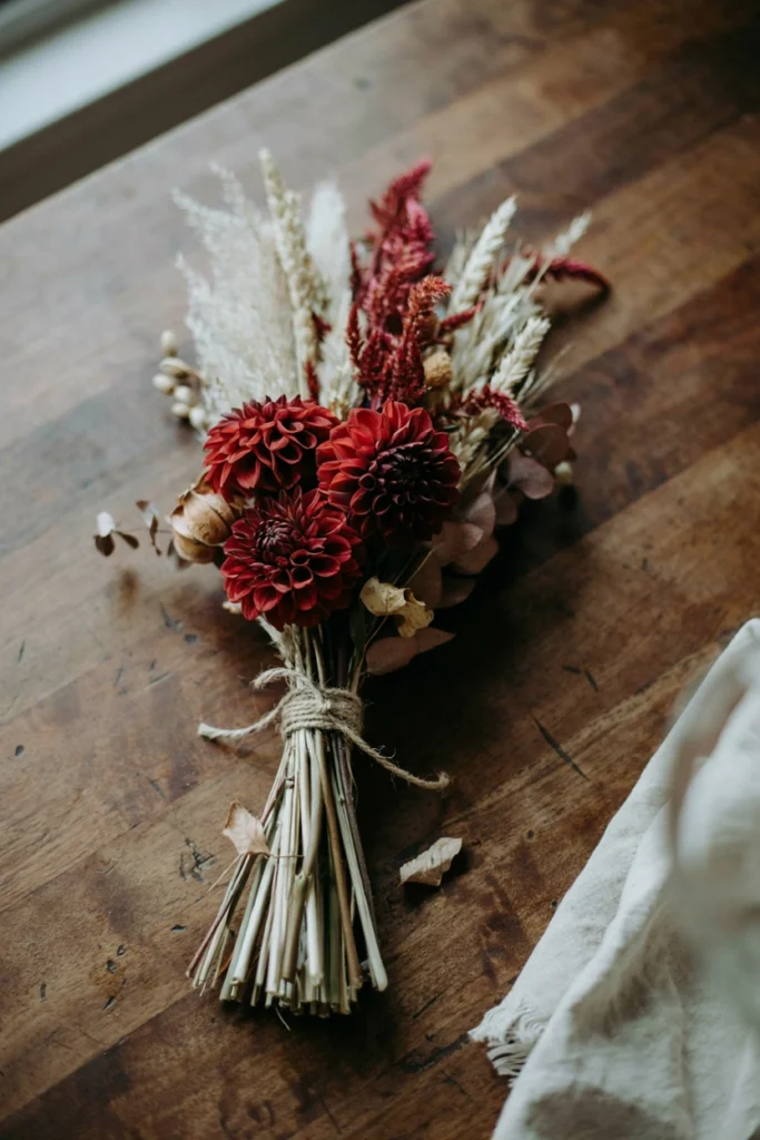 Architectural bouquet of oxblood dahlias paired with feathery burgundy celosia, held with twine and dried elements