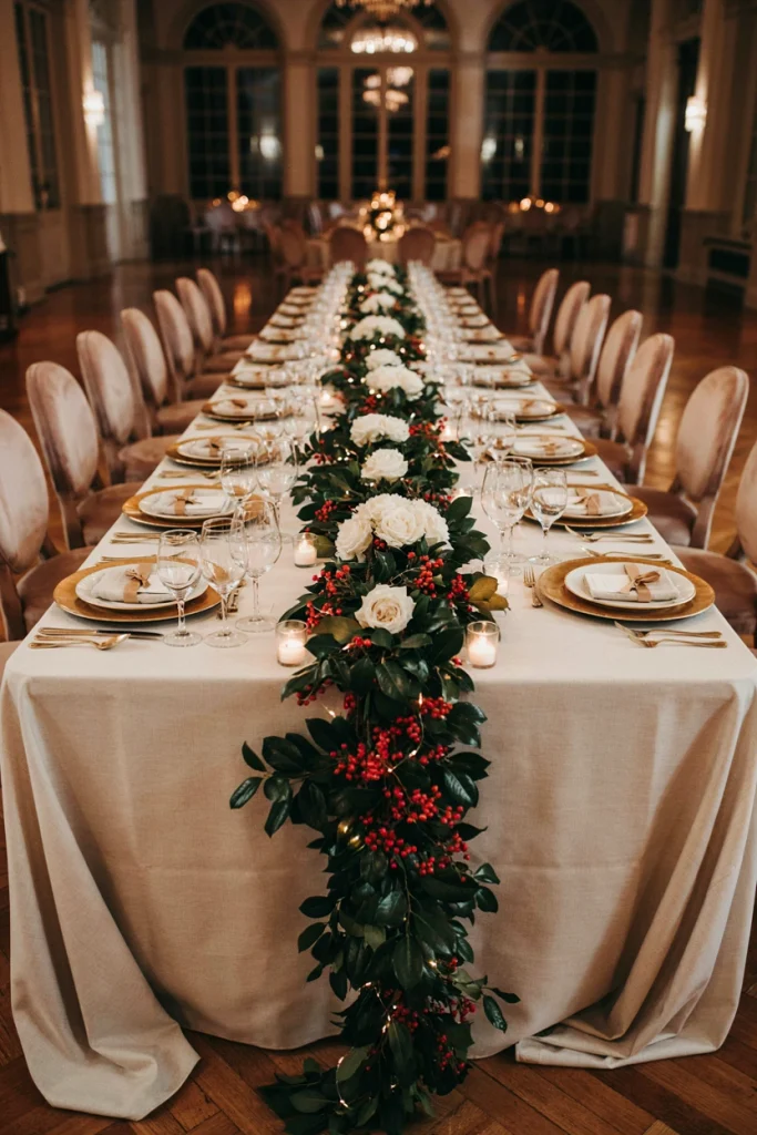White table runner accented with holly and red berries