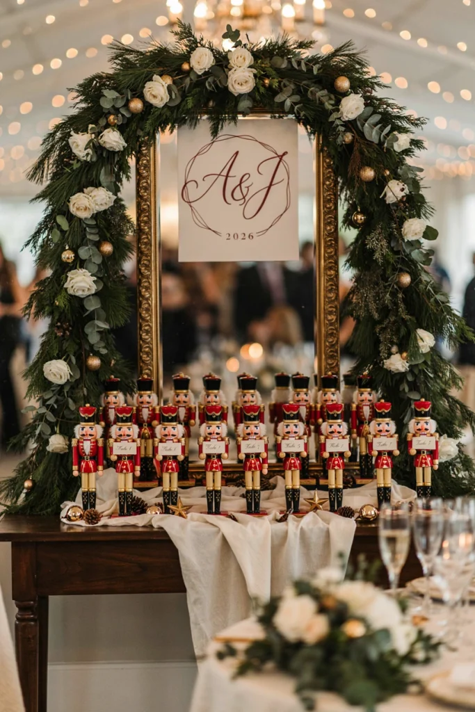 Miniature nutcracker figures used as wedding escort cards
