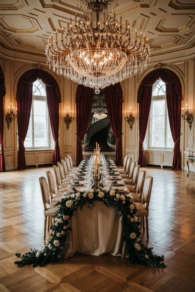 Oversized crystal chandelier installation above a reception table