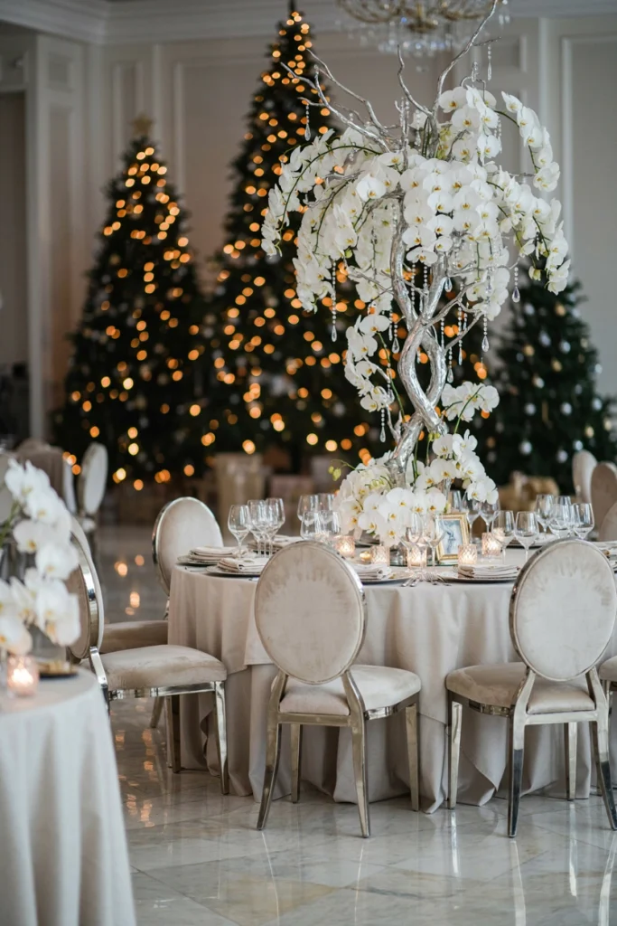 Tall silver candelabra centerpiece with white orchids
