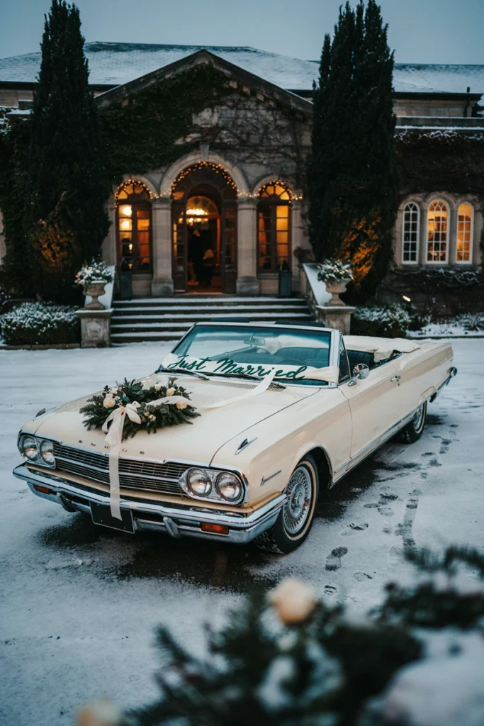 Couple departing in a vintage car decorated with a wreath, in the snow