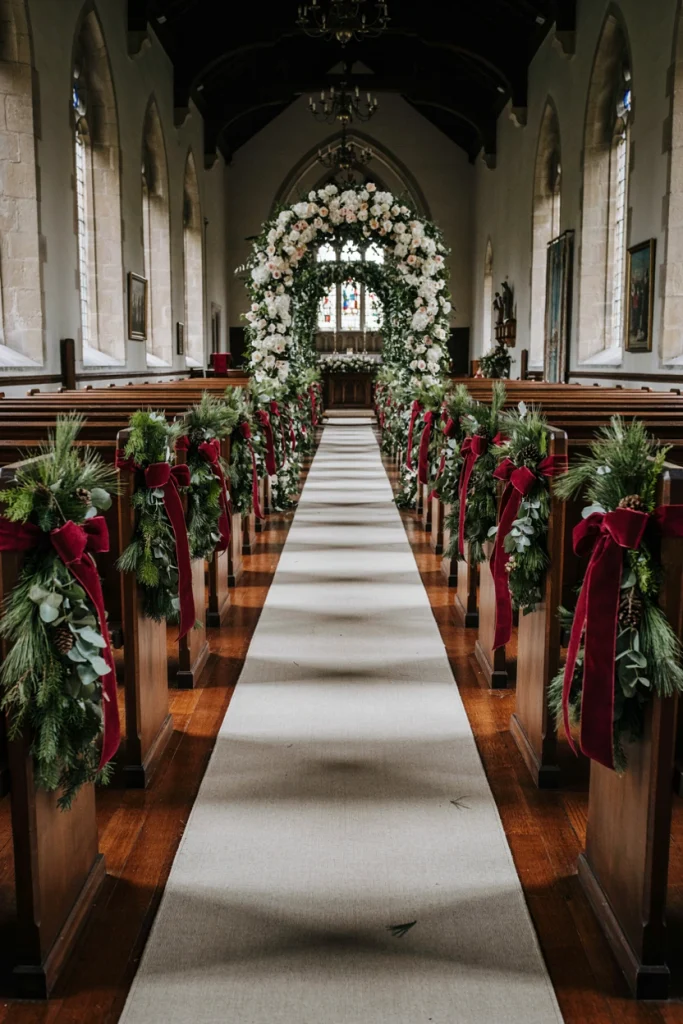 Pine garland and red ribbon on church pew ends