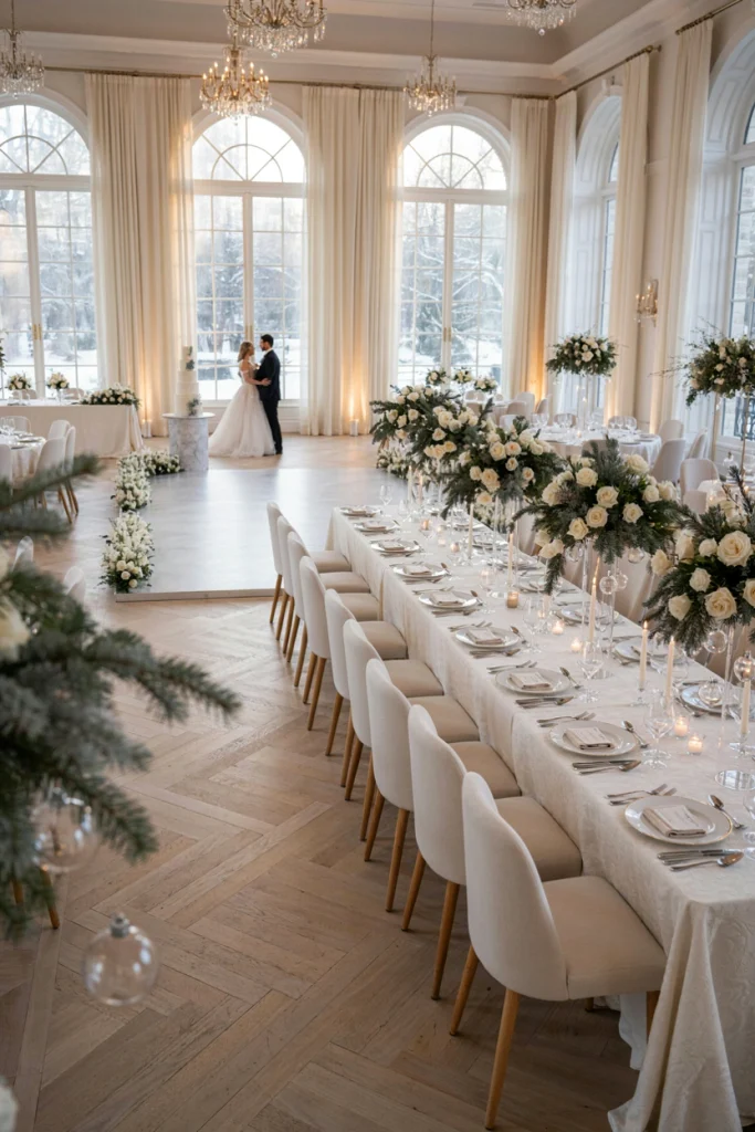 All-white Christmas wedding reception with clear glass ornaments