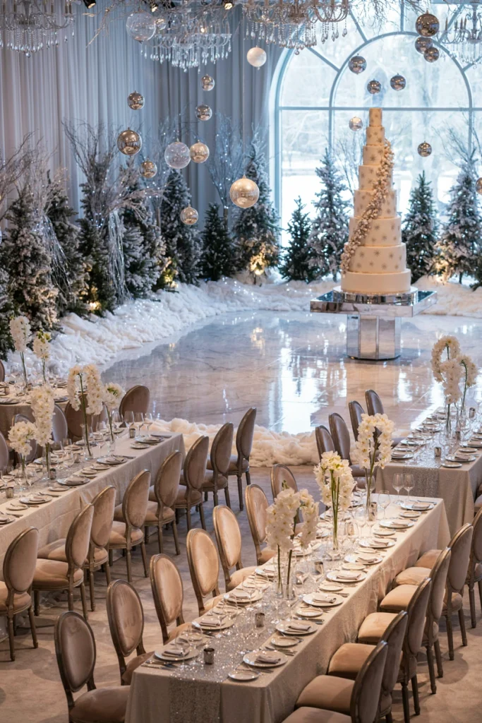 Silver and white balloon garland winter wonderland reception