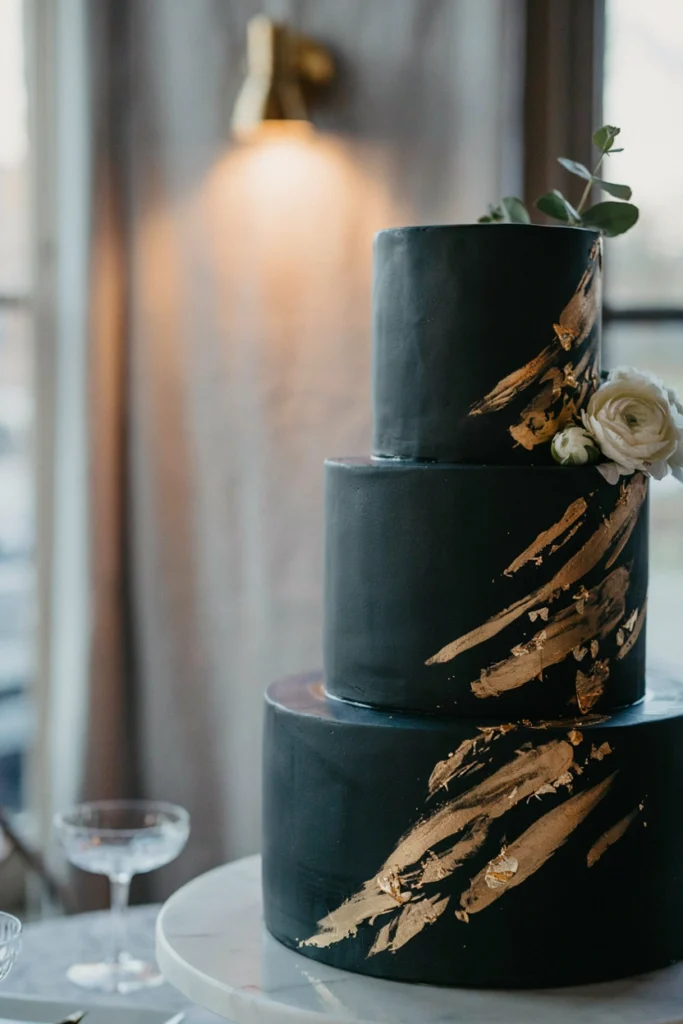 A matte black fondant cake with loose, hand-painted gold brushstrokes sweeping diagonally across the tiers.