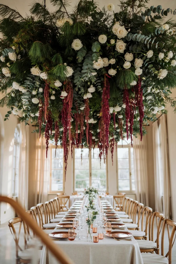 Hanging greenery chandelier installation over a banquet table