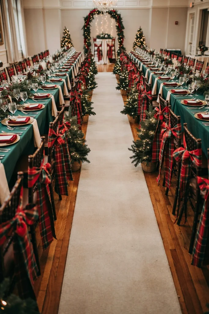 Chair backs tied with red and green plaid ribbon bows