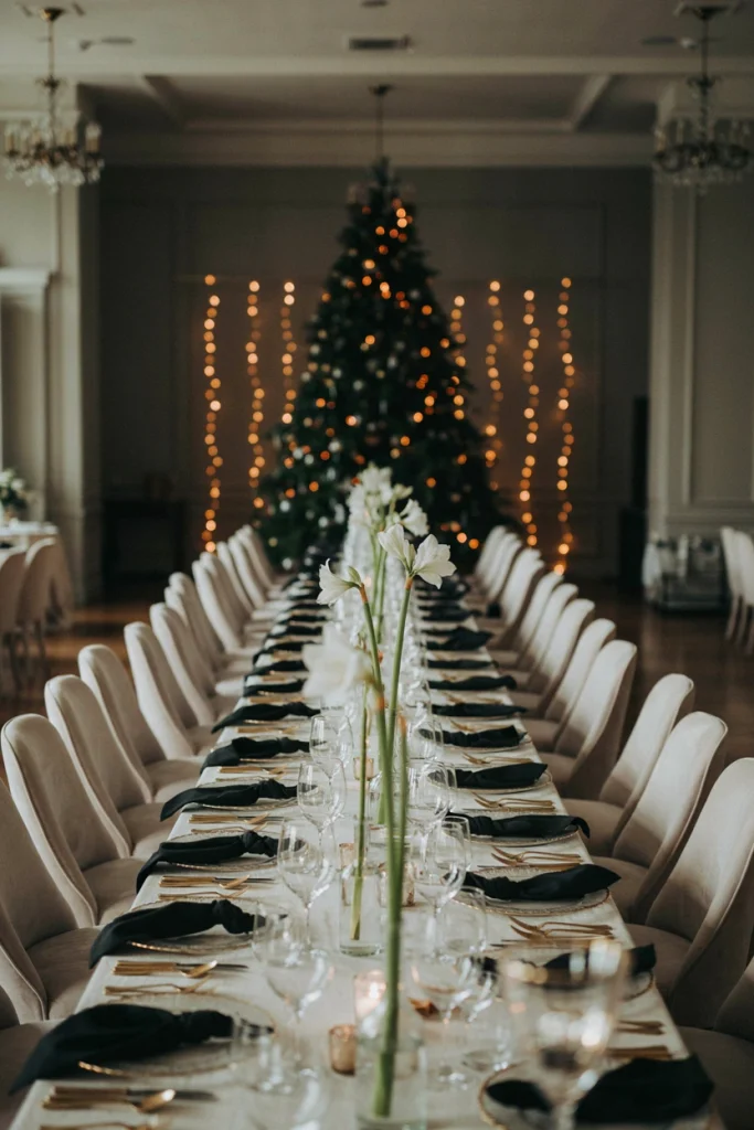 Bud vase table runner with single amaryllis stems