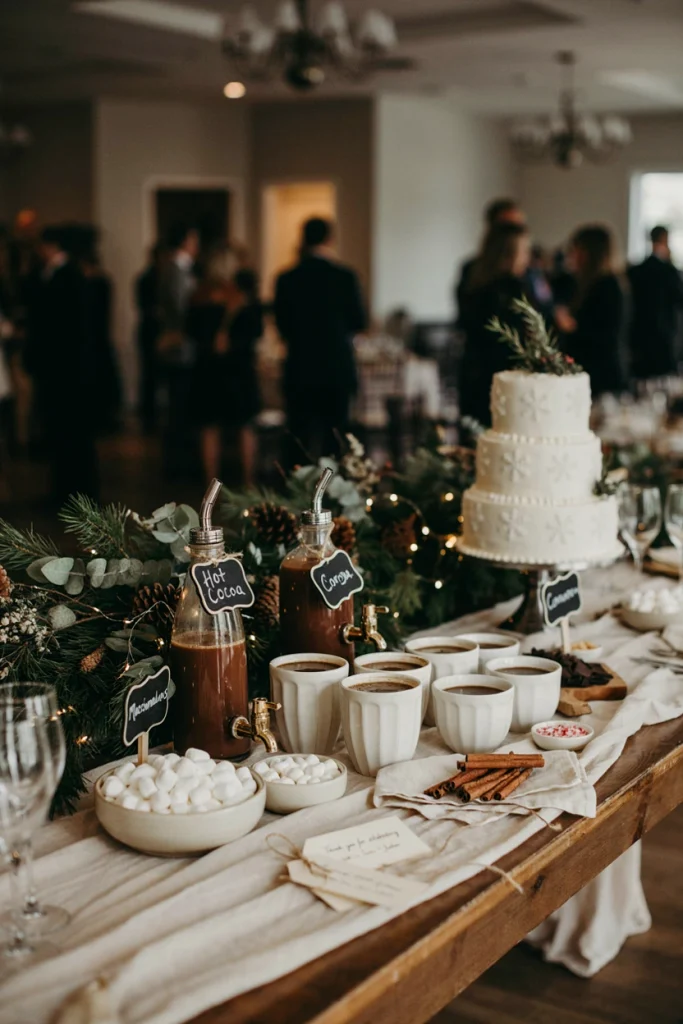 Rustic hot cocoa bar with mismatched mugs and marshmallows