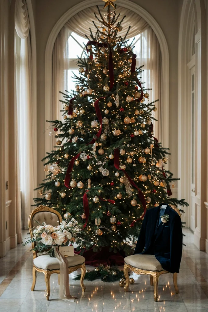 Couple's first look in front of a large decorated Christmas tree