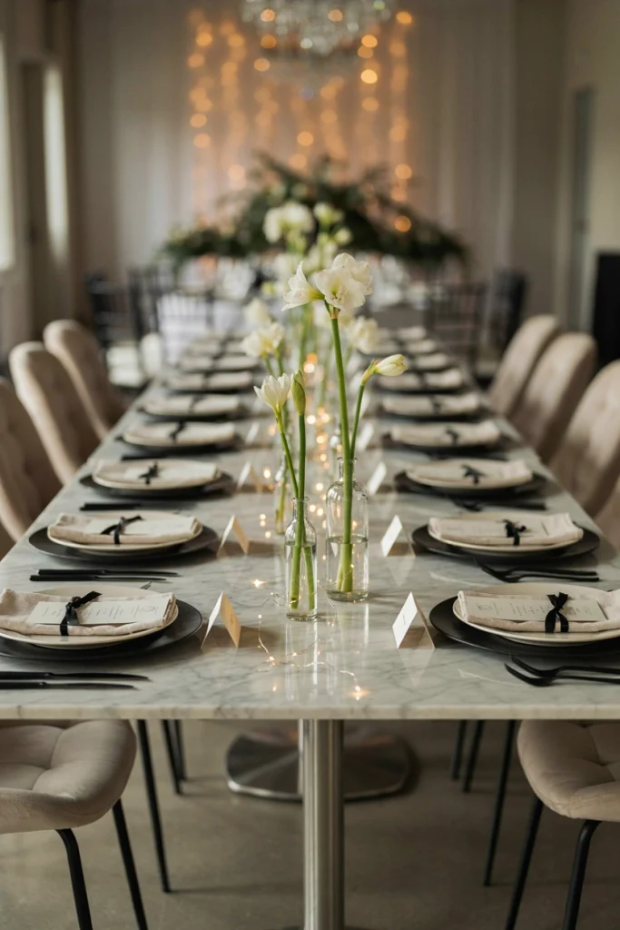 Tall white column candles on a marble reception table