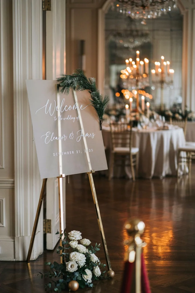 Frosted acrylic wedding welcome sign with pine branch