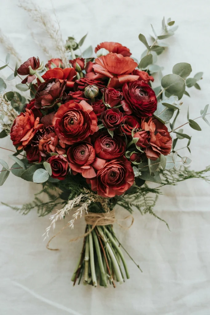 Full, romantic bouquet of deep burgundy ranunculus with smaller burgundy spray roses and dusty greenery