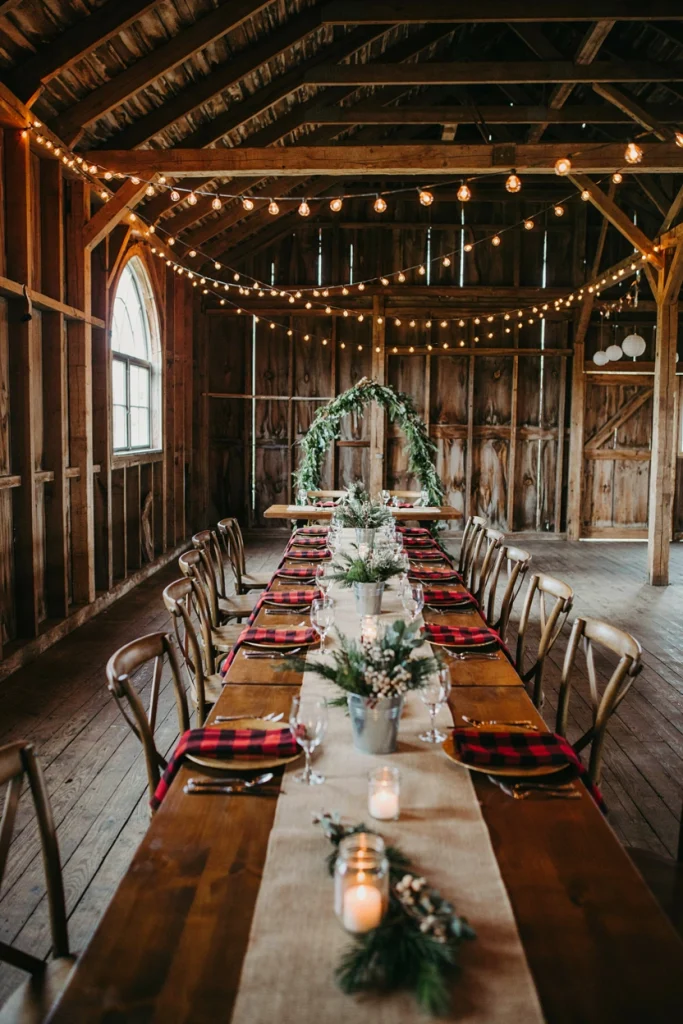 Rustic barn wedding reception with mason jar lighting and plaid