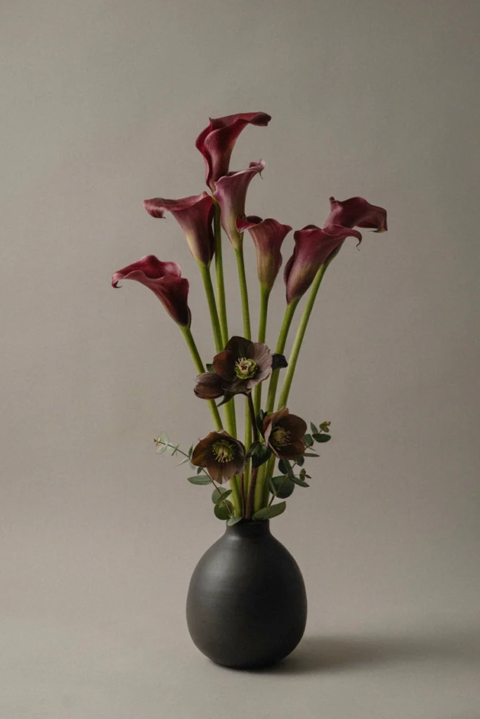 Modern, sculptural bouquet of deep burgundy calla lilies with nearly-black hellebore flowers and minimal green