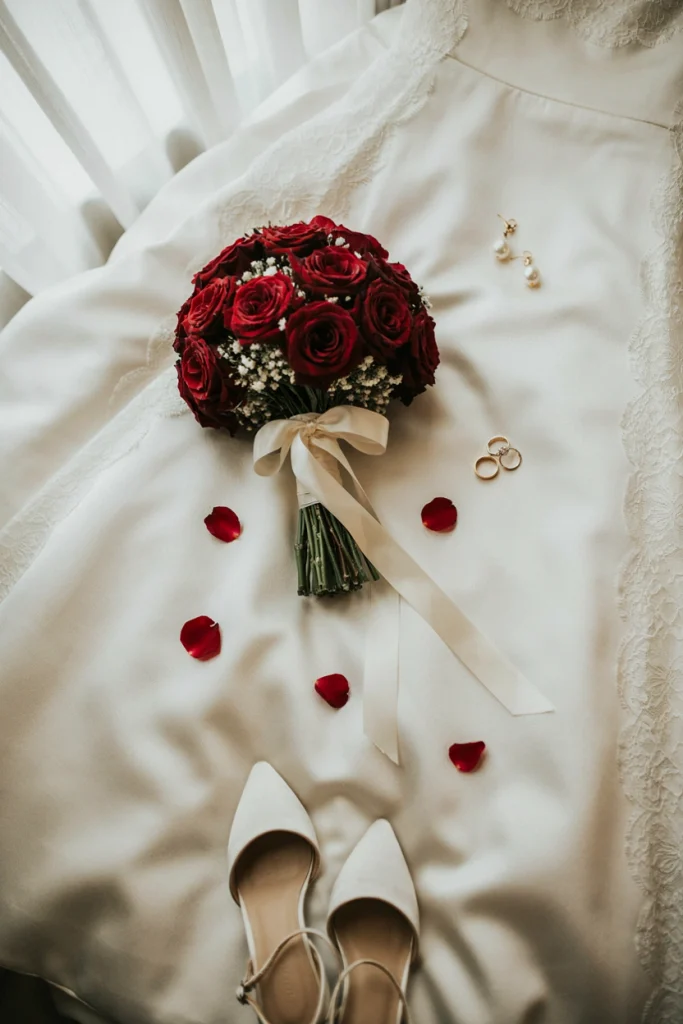 Classic red rose and baby's breath wedding bouquet