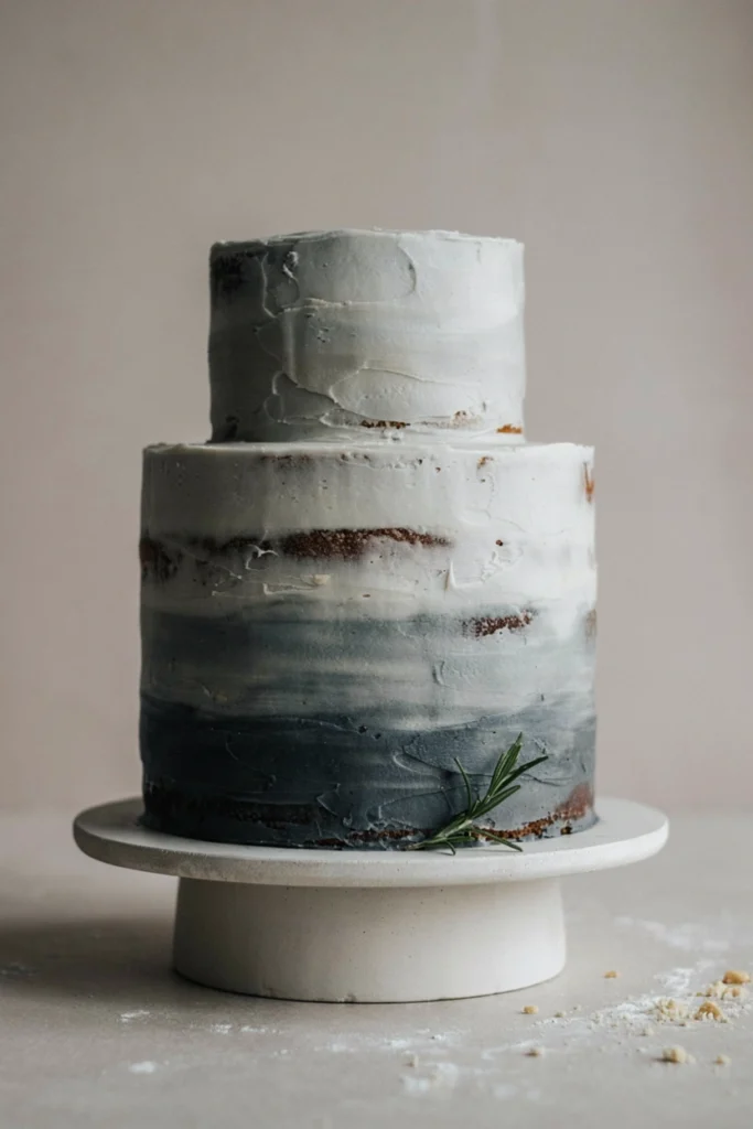 A naked cake with a subtle ombré wash of frosting fading from pale gray at the top to deep charcoal at the base, minimal decoration.
