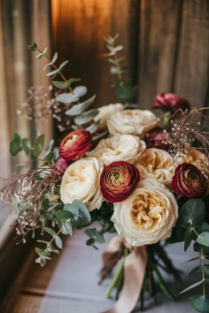 Cream and burgundy wedding bouquet with garden roses and ranunculus
