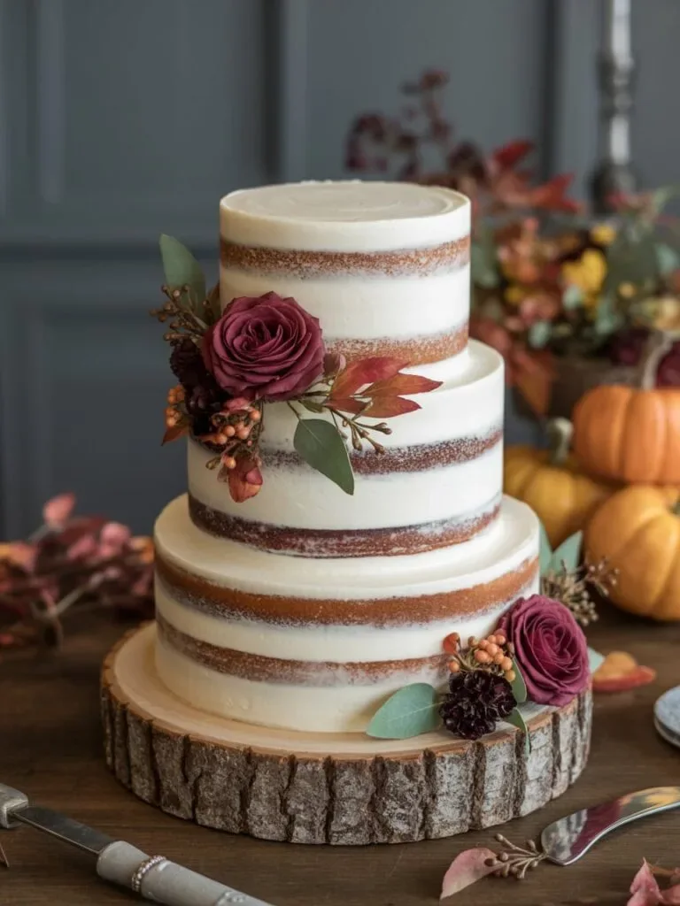Semi-naked wedding cake with burgundy roses and autumn berries