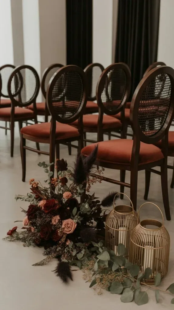 Rust velvet ceremony chairs beside a low burgundy floral runner and brass lanterns