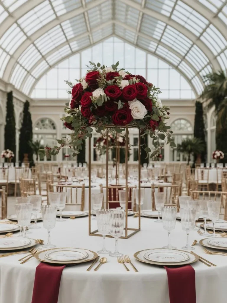 Conservatory wedding reception table with a tall red rose centerpiece and gold accents