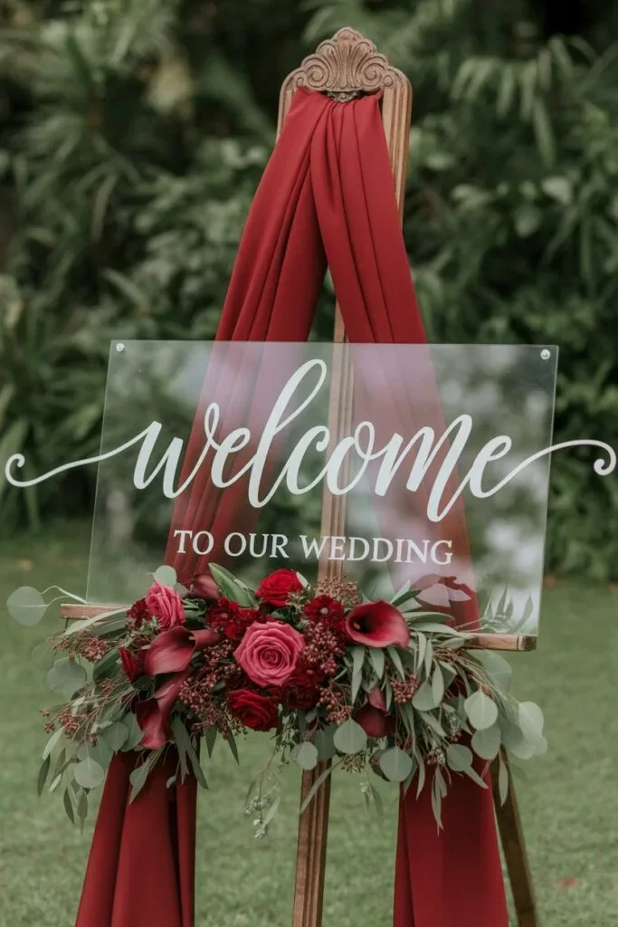 Burgundy welcome sign with red drapery and rose eucalyptus arrangement for a fall wedding