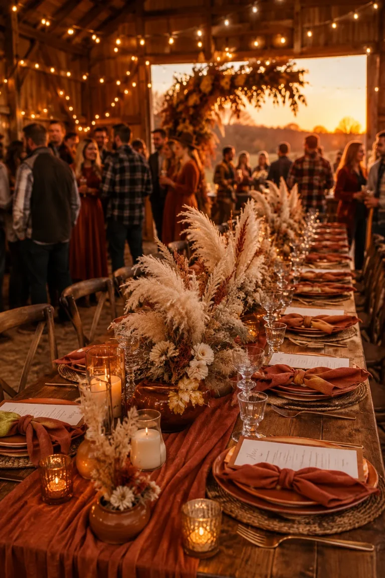 A softly lit barn reception at golden hour, string lights overhead, a long wood table set with terracotta linens and a pampas grass runner, guests in flannel and velvet visible in the blurred background.]