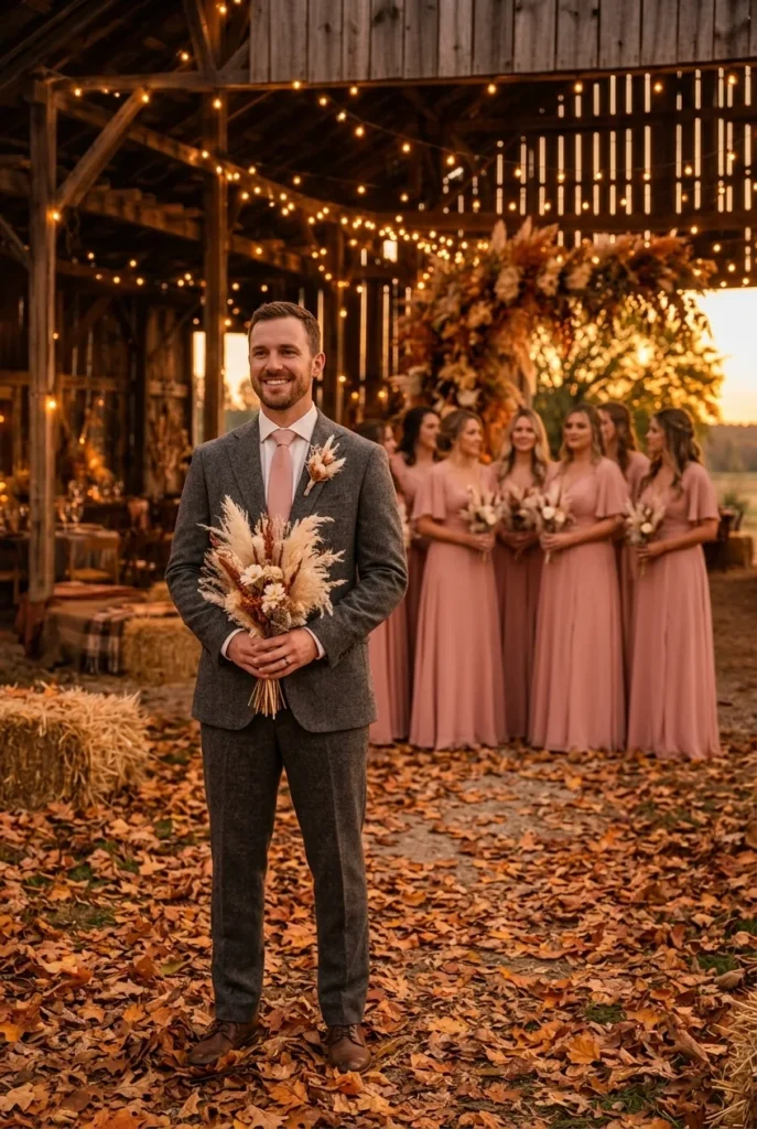 A groom in a charcoal suit with a blush silk tie, standing among autumn leaves, tie color coordinating with bridesmaid dresses in the background.