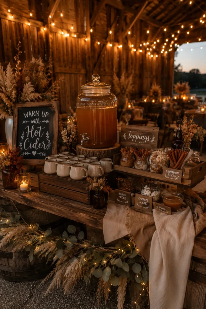A rustic drink station with a cider dispenser, mugs, cinnamon sticks, and toppings arranged on a wood table with string lights above.