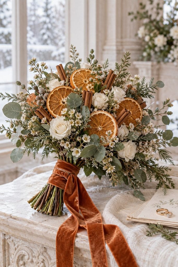 Festive winter wedding bouquet of dried orange slices, cinnamon sticks, and eucalyptus