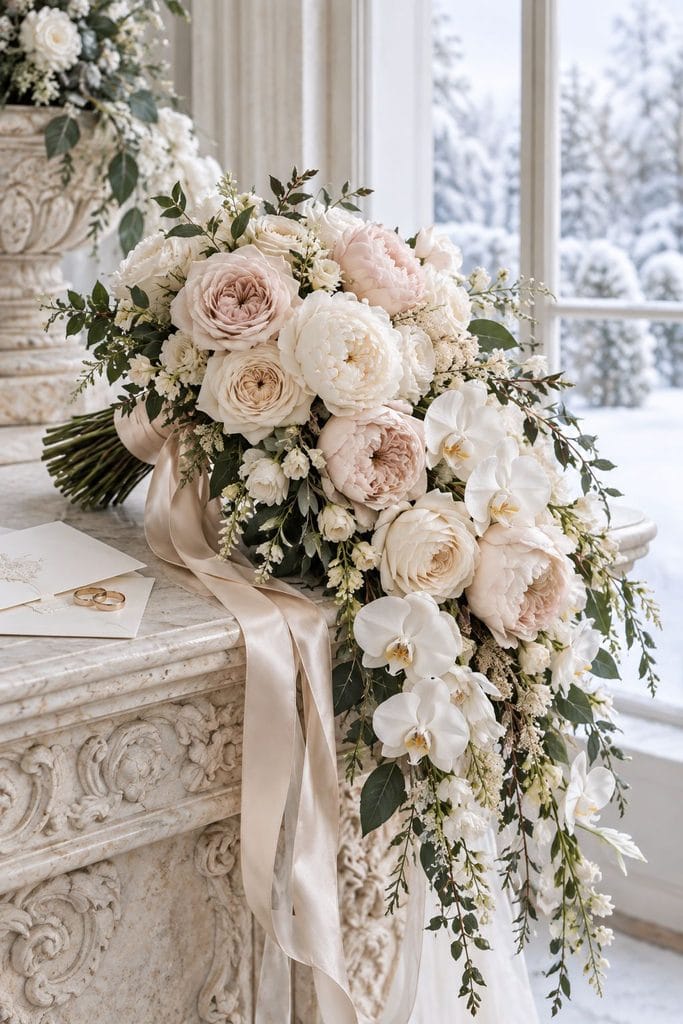 Overflowing cascade bridal bouquet of cream garden roses and blush peonies