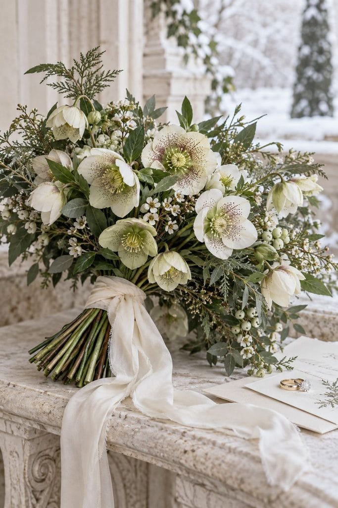 Loose garden-style winter wedding bouquet of freckled white and green hellebores