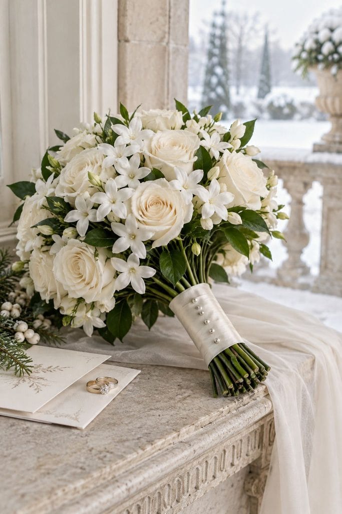 Round winter bridal bouquet of waxy white stephanotis and ivory roses with pearl pins