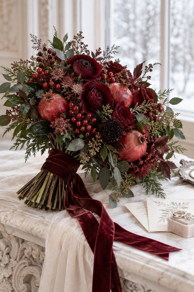 Rustic winter wedding bouquet of whole pomegranates, red hypericum berries, and dark foliage