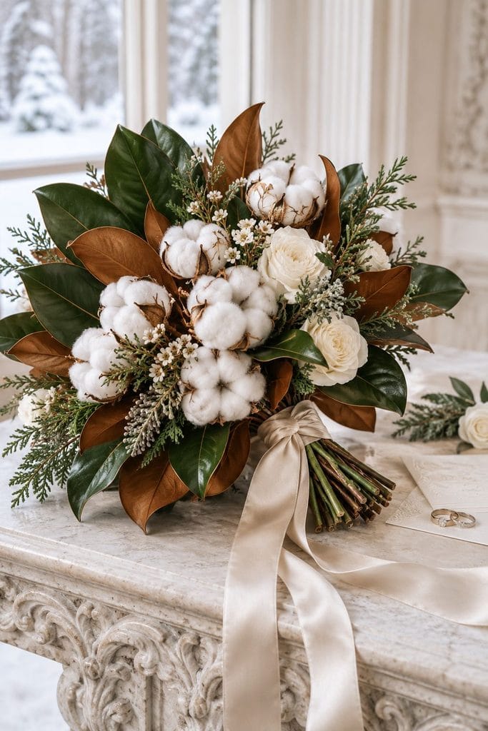 Winter wedding bouquet of glossy copper-backed magnolia leaves and fluffy cotton bolls