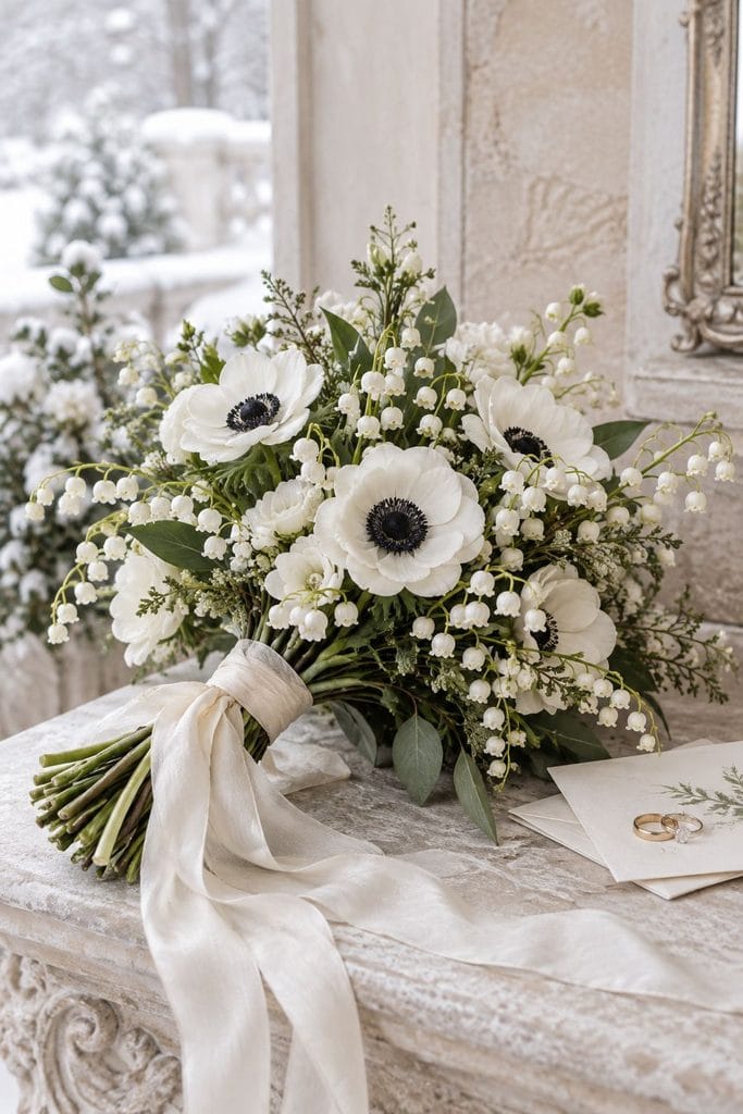 Small hand-tied winter wedding bouquet of white anemones with black centers and lily of the valley, tied with ivory silk ribbon