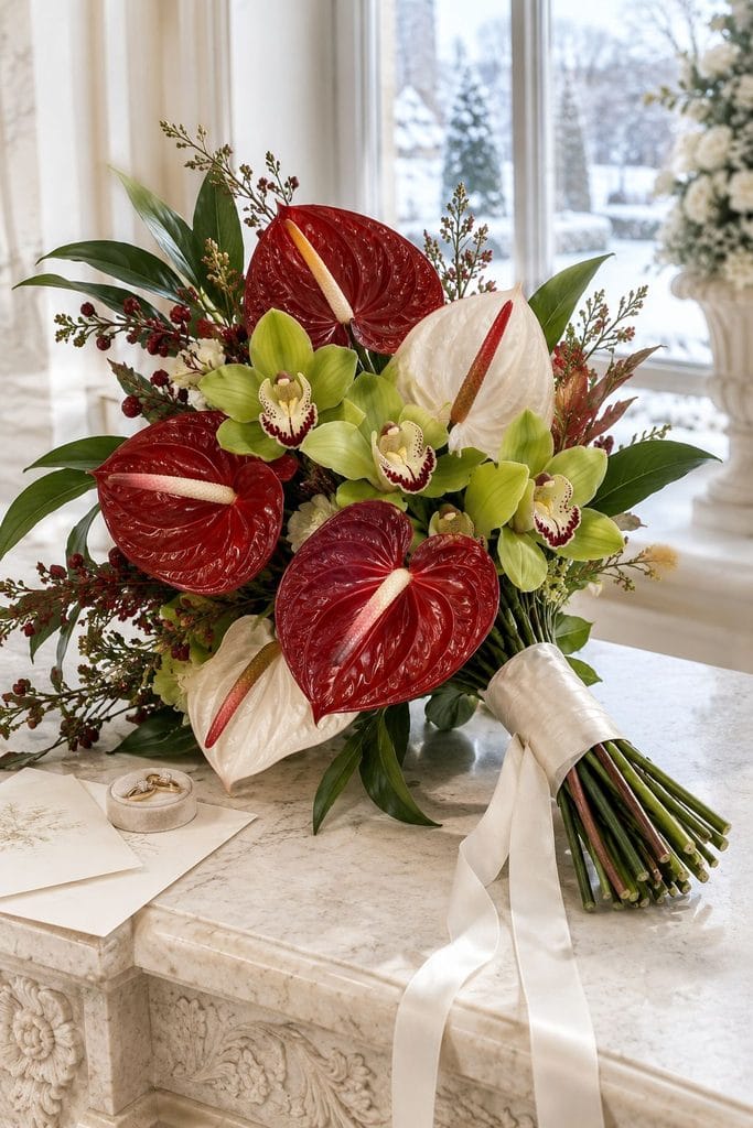 Modern wedding bouquet of glossy anthurium and lime green cymbidium orchids