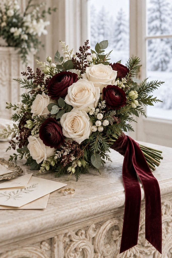 Realistic silk flower keepsake wedding bouquet in ivory and burgundy