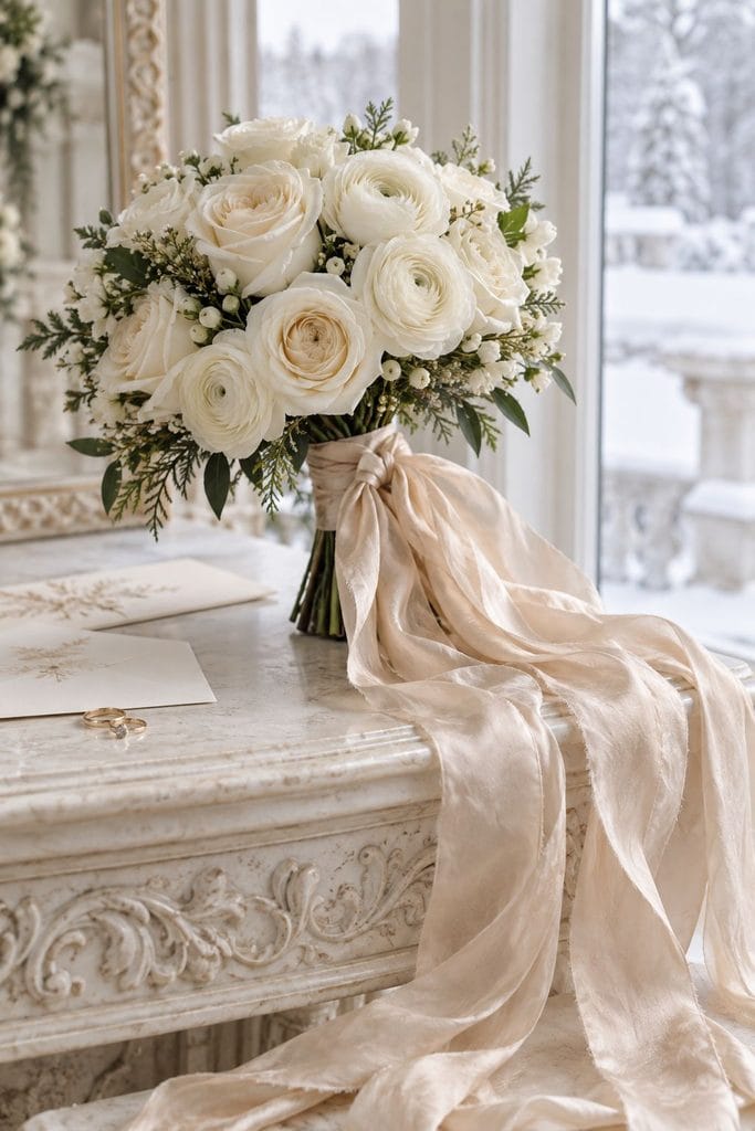 Tight ivory wedding bouquet with long hand-dyed champagne silk ribbon streamers
