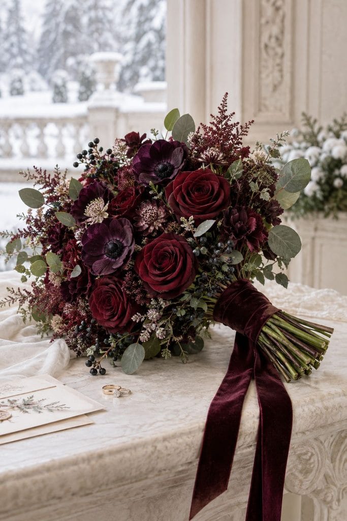 Jewel tone wedding bouquet of deep wine roses and plum anemones wrapped in dark velvet ribbon