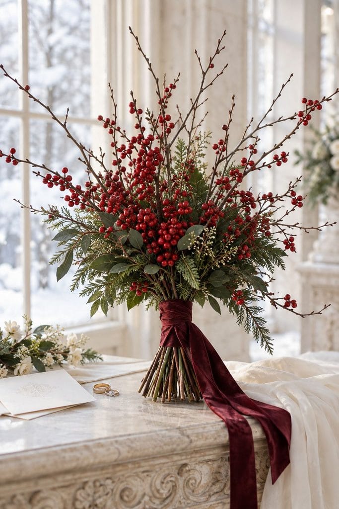 Minimalist winter wedding bouquet of bright red winterberry on bare branches against snow