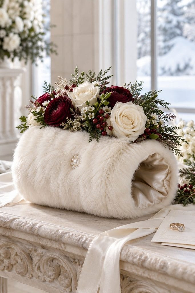 Plush faux fur muff wedding bouquet tucked with roses and greenery